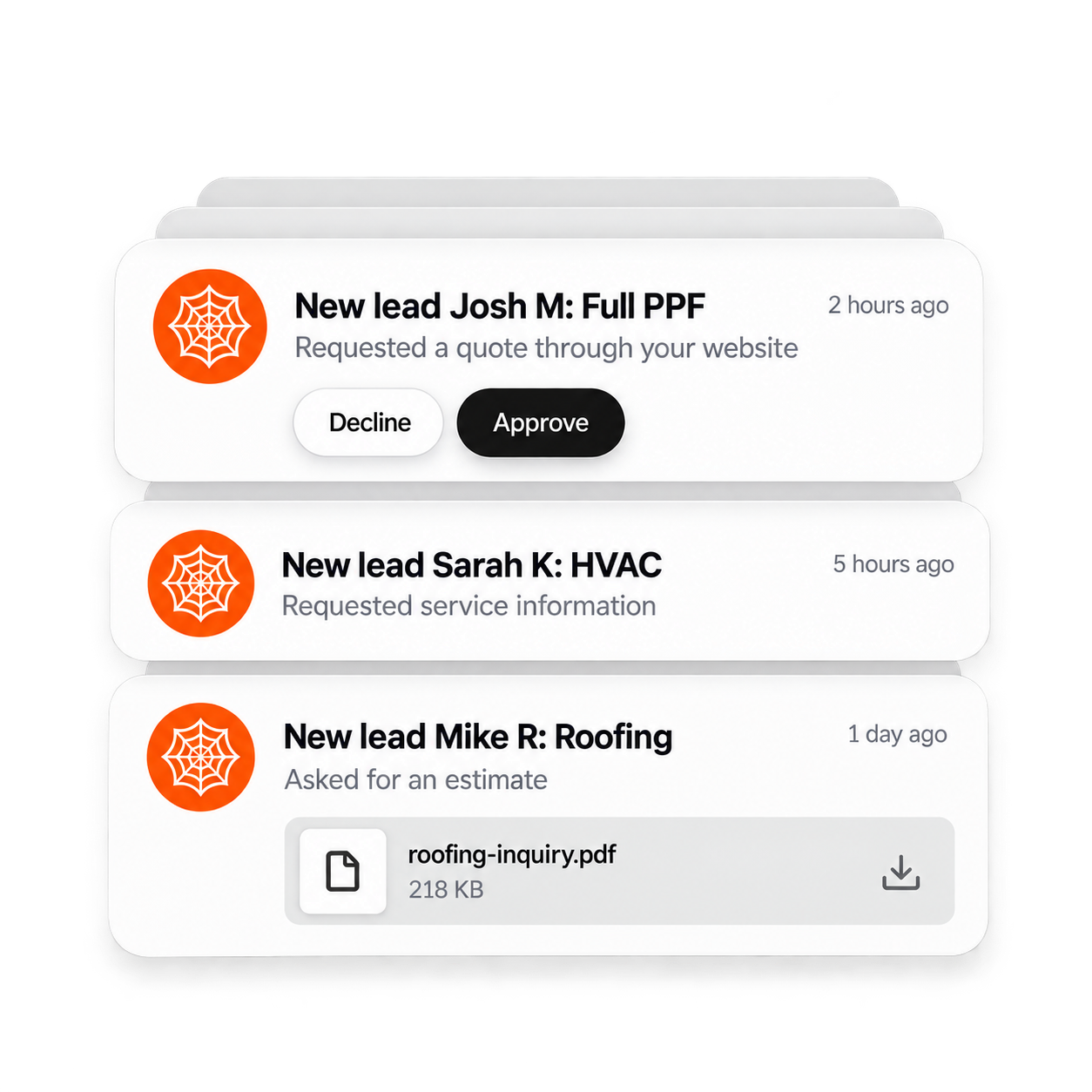 New lead notifications for PPF, HVAC, and roofing requests